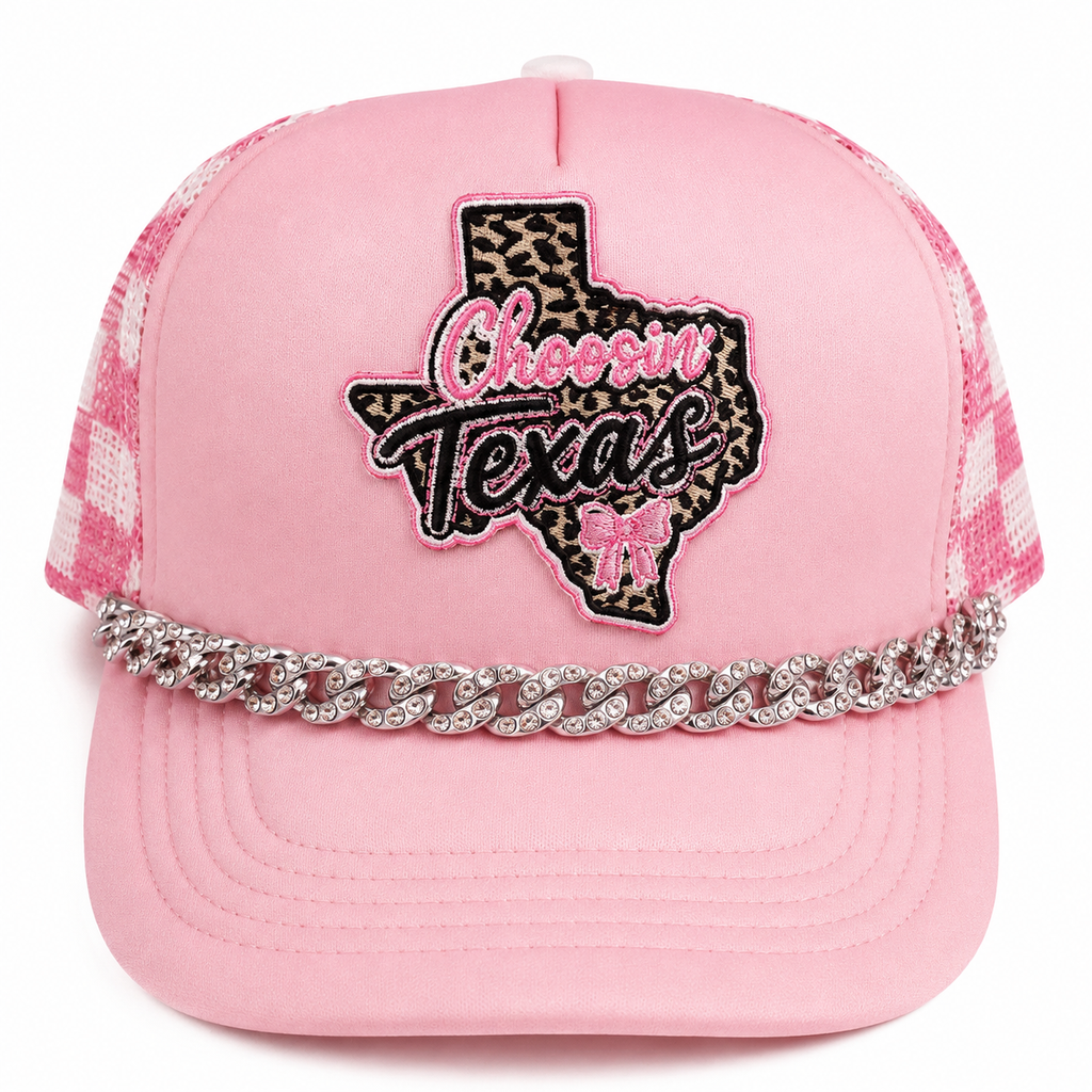 Pink Choosin' Texas rhinestone trucker hat - front view with embroidered Texas patch and rhinestone chain