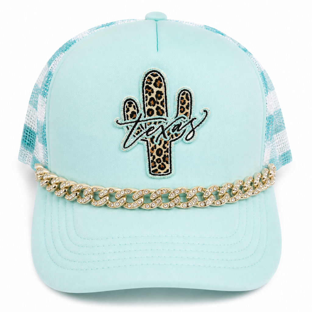 Mint Texas leopard cactus trucker hat - front view with gold rhinestone chain