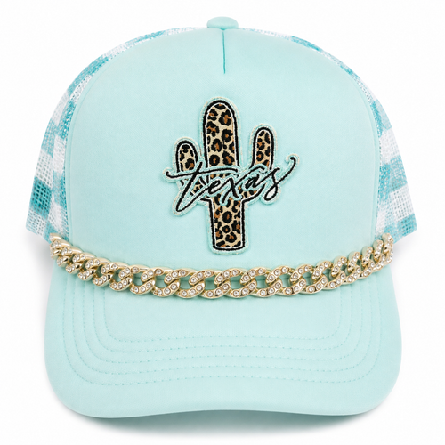 Mint Texas leopard cactus trucker hat - front view with gold rhinestone chain