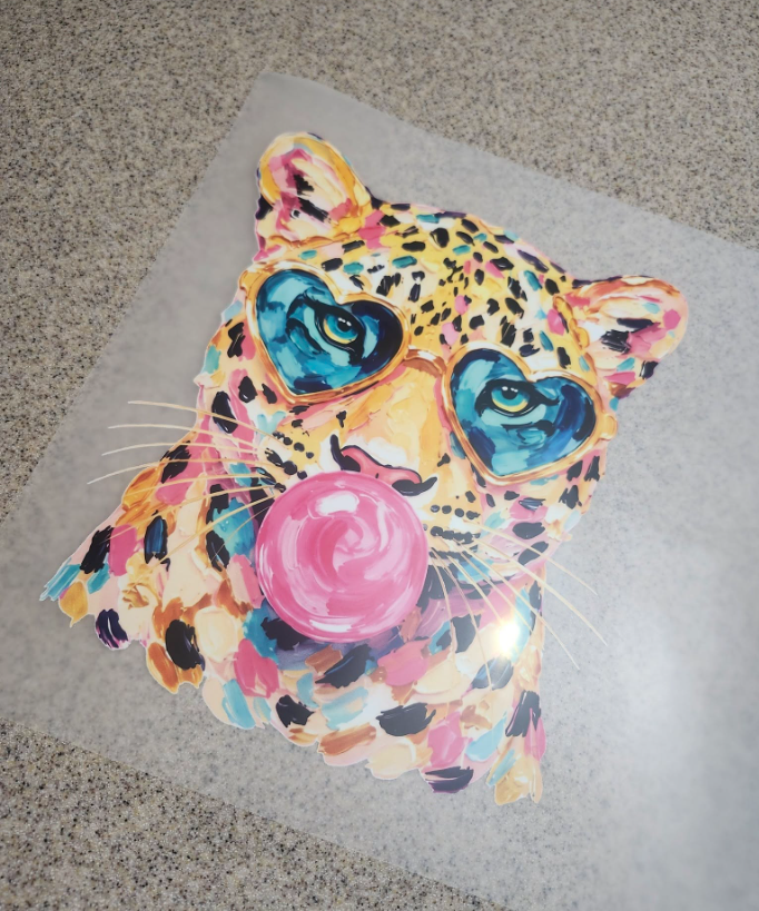 Bubblegum Babe Leopard Tee graphic transfer - leopard with heart sunglasses and bubblegum bubble