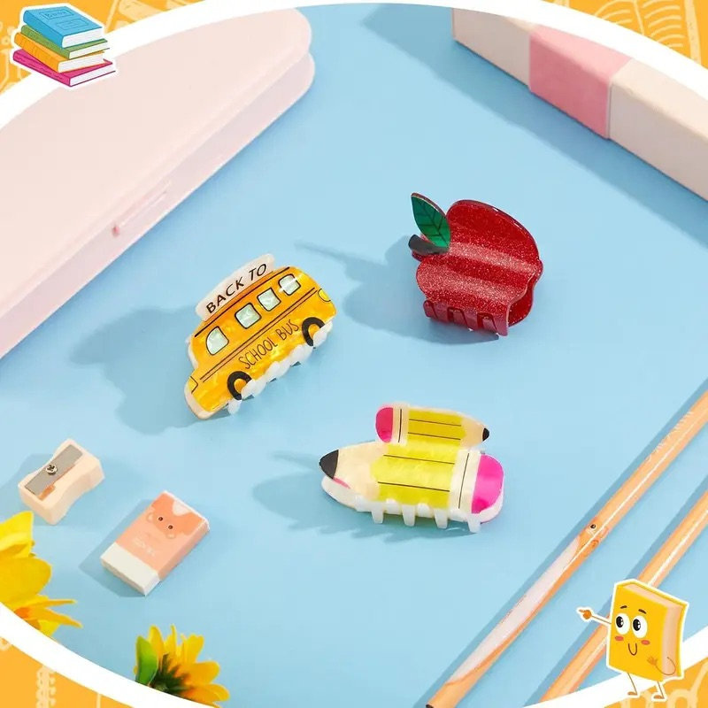 Back to School hair clips - school bus, apple, and pencil styles