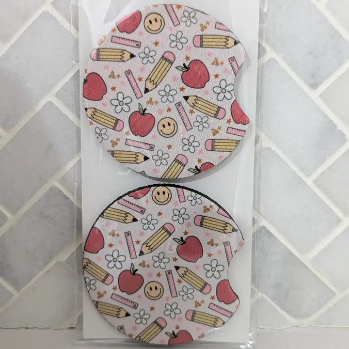 Teacher doodle car coasters set of 2 - neoprene with apple, pencil and ruler pattern